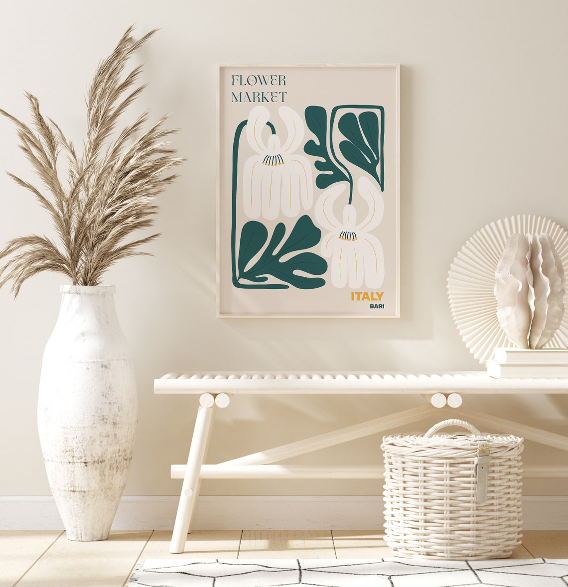 Italy Bari Elegant White Blossom Teal Leaf Flower Market Poster - Image 3