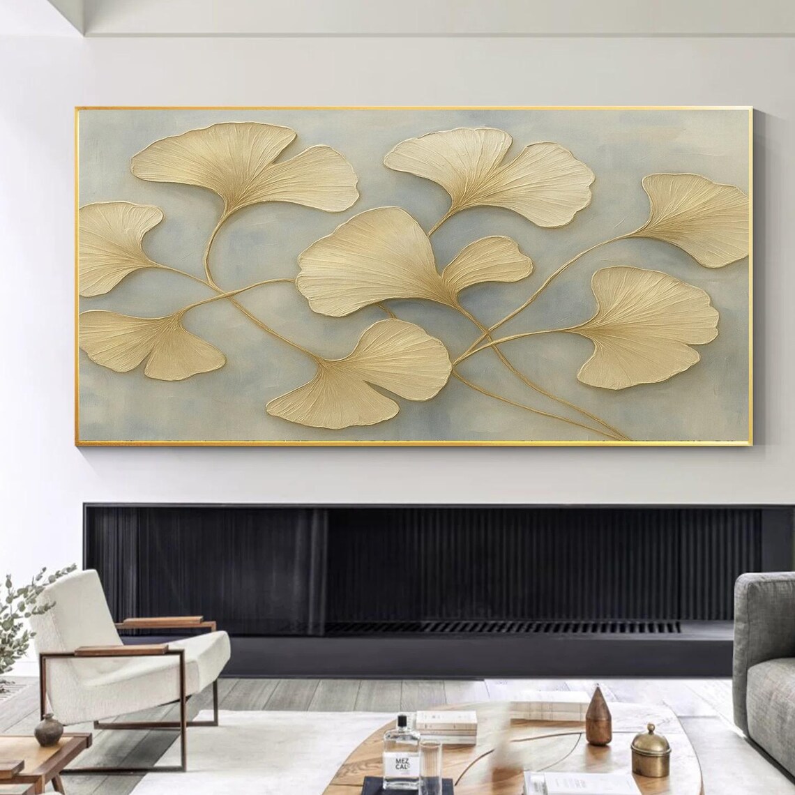 Ginkgo Leaf Art Print, Textured Gold Abstract Painting