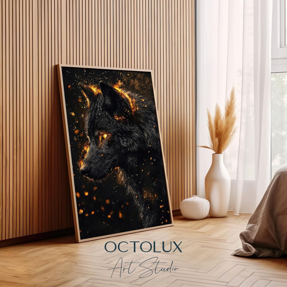 Alpha Black Wolf Gold Halo Motivational Quote Strength Leader Wall Art Print - Image 2
