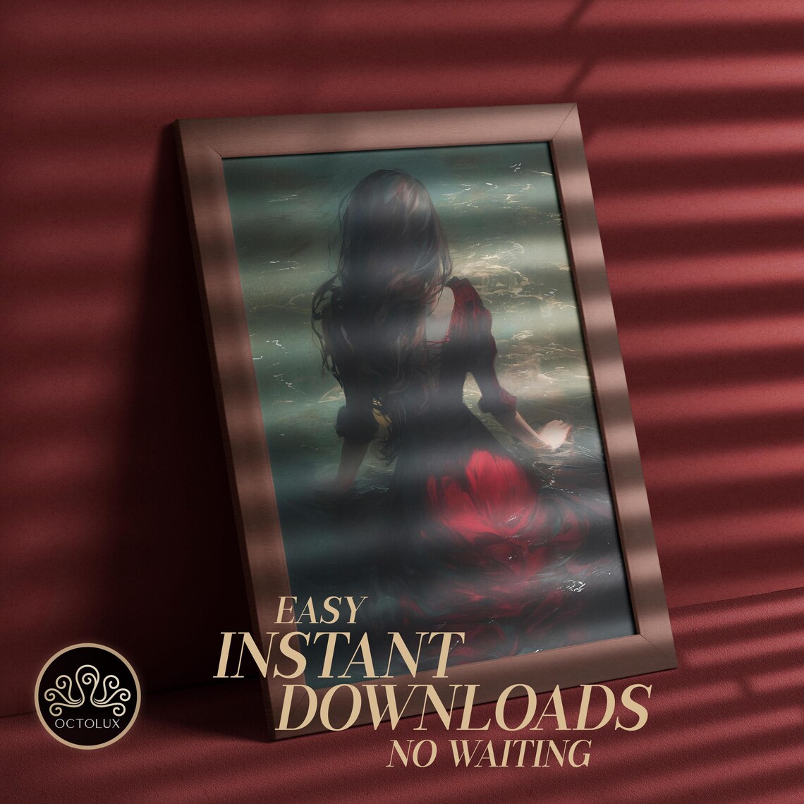 Woman Of The Lake Dark Gothic Red Dress Moonlit Water Dark Academia Wall Art - Image 2