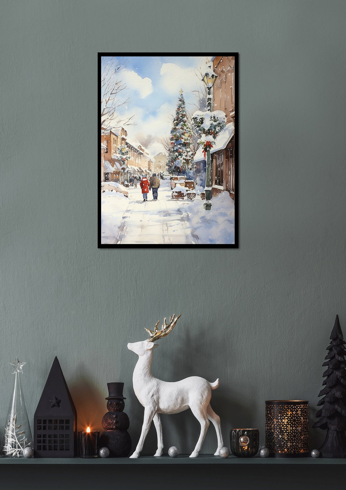 Snowy Main Street Christmas Tree Shops Holiday Watercolor Scene Poster - Image 2