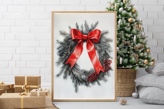 Frosted Pine Wreath With Red Bow And Berries Christmas Holiday Poster