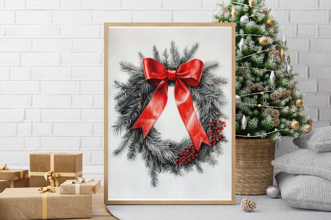 Frosted Pine Wreath With Red Bow And Berries Christmas Holiday Poster