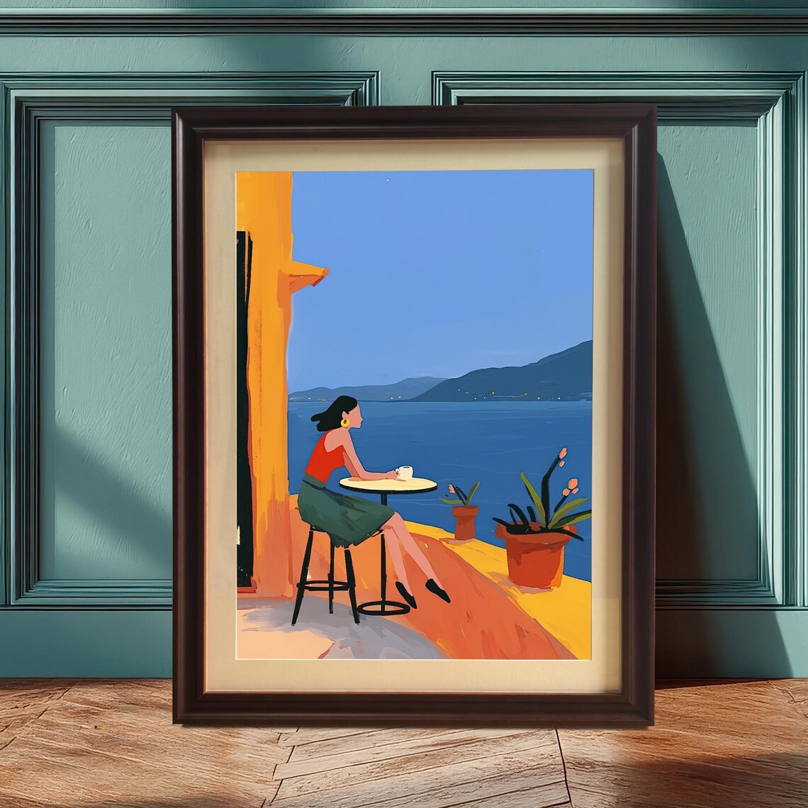 Seaside Terrace Woman With Coffee Mediterranean Coastal View Poster