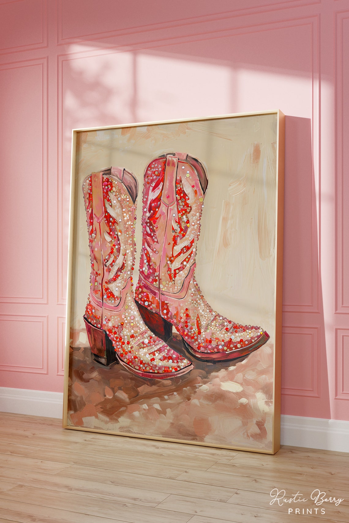 Pink Red Rhinestone Cowgirl Boots Glam Western Sparkle Wall Art