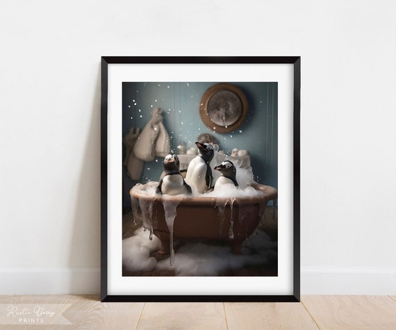 Penguins Bubble Bath Wall Art Clawfoot Tub Home Decor Bathroom Decor Cute Instant