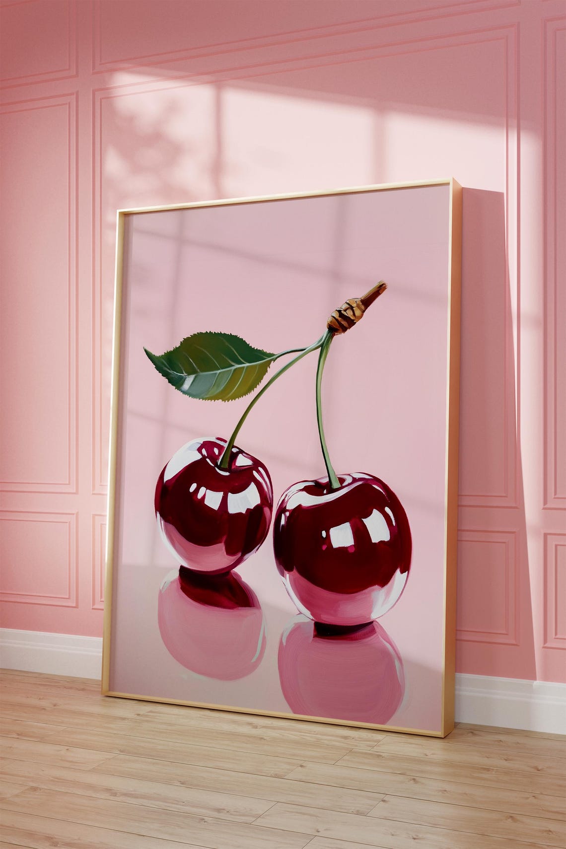 Glossy Red Cherries Realistic Fruit Still Life Painting Wall Art