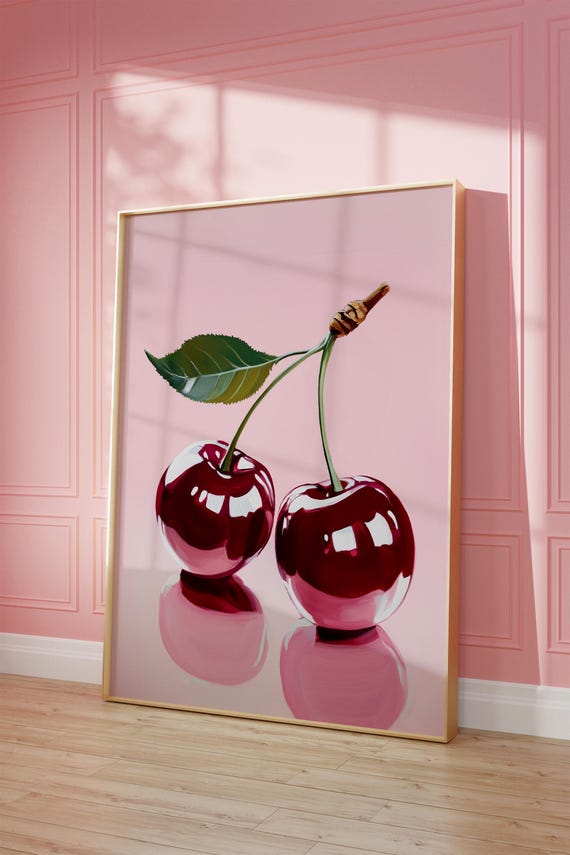 Retro Kitchen Cherry Print Fruit Pink Print Vintage Art Cute Kitchen Wall Art Girly Preppy Trendy Wall Art Painted Fruit Art