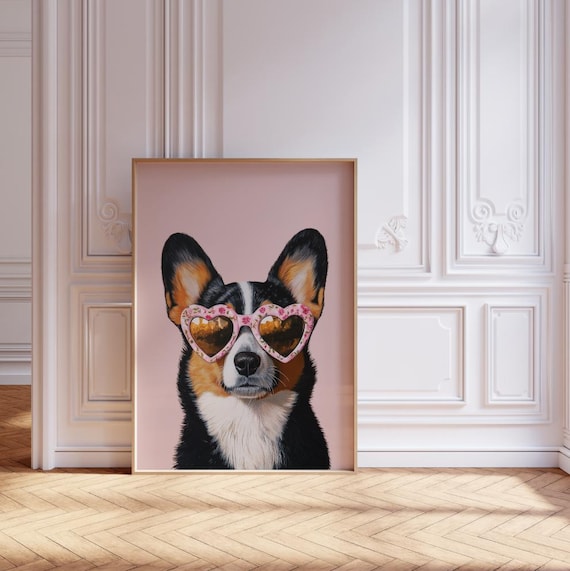 Pink Corgi With Floral Heart Sunglasses Funny Dog Portrait Poster