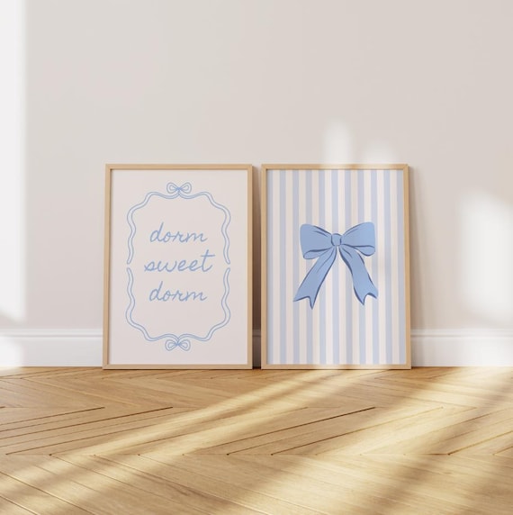 Blue Dorm Sweet Dorm and Bow Preppy College Wall Poster Pair