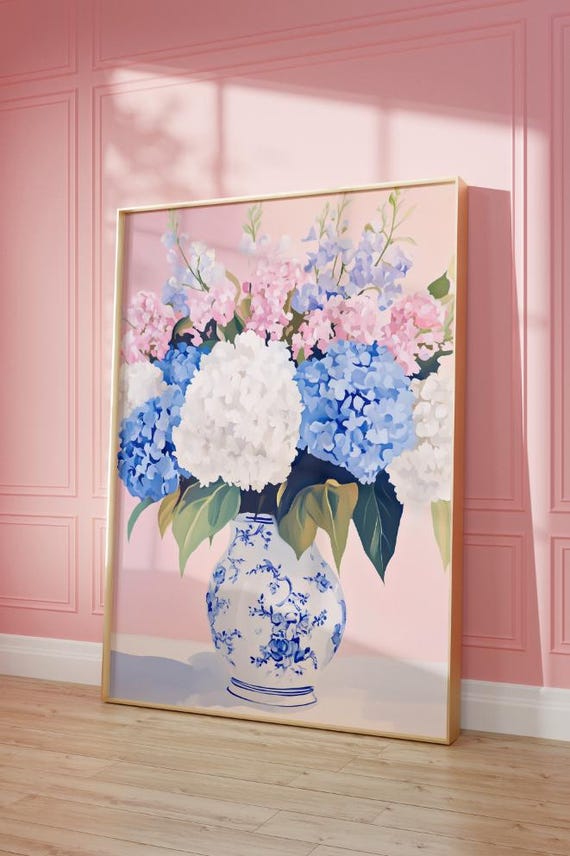 Preppy Hydrangea Painting, Chinoiserie Floral Art