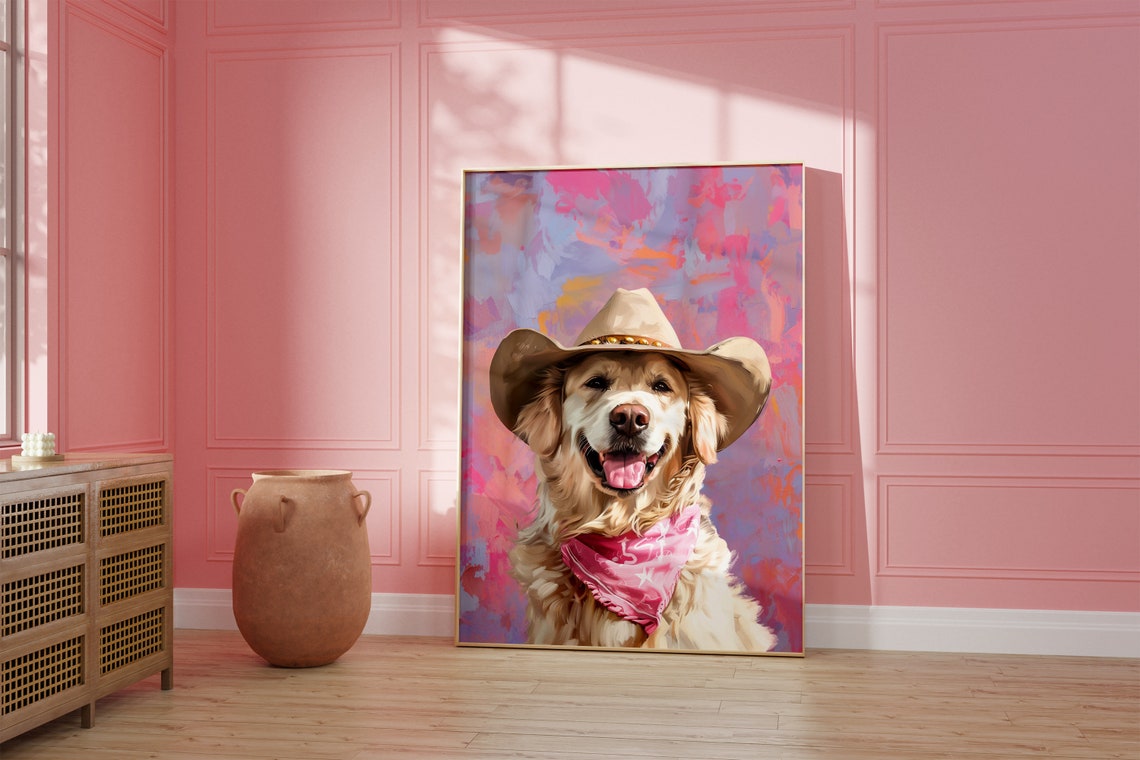 Dog Cowgirl Hat Print Pink Print Vintage Art Western Girly Preppy Trendy Wall Art Puppy Print Cowgirl Hat Print Funky Western Art