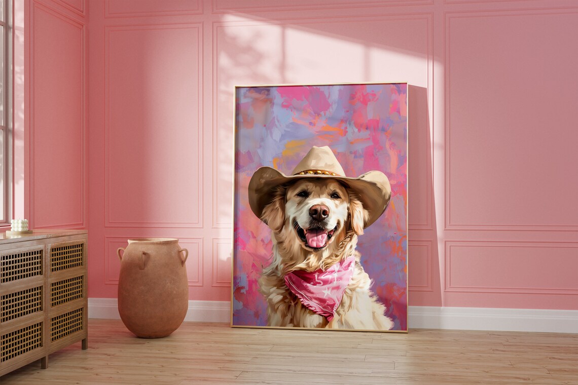Golden Retriever in Cowboy Hat Pink Bandana Colorful Western Poster
