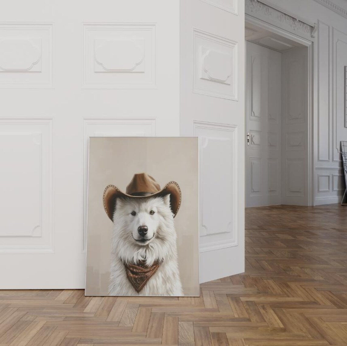 White Samoyed Cowboy Hat Bandana Western Dog Portrait Poster