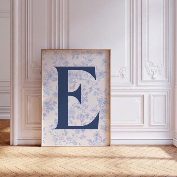 Custom Initial E Blue Chinoiserie Floral Monogram Preppy Letter Poster
