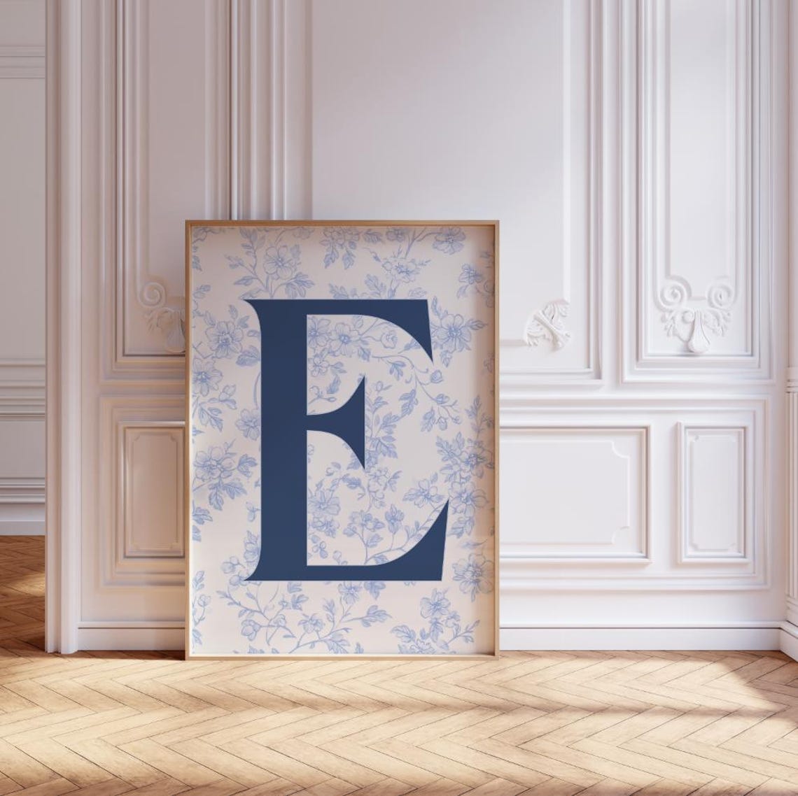 Custom Initial E Blue Chinoiserie Floral Monogram Preppy Letter Poster