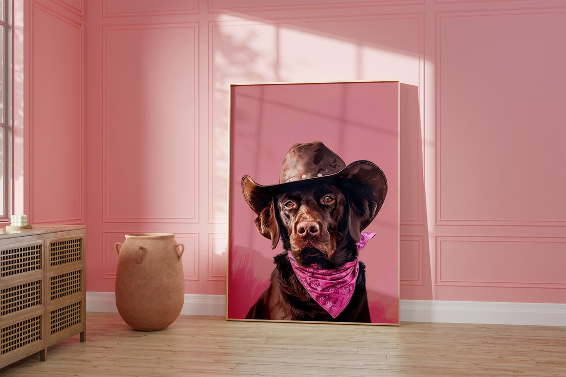 Dog Cowgirl Hat Pink Preppy Wall Art Print