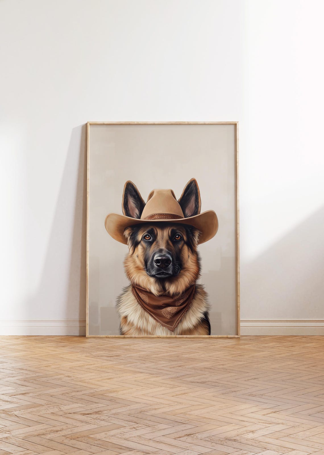 German Shepherd Cowboy Hat Portrait with Tan Hat Neutral Poster - Image 2