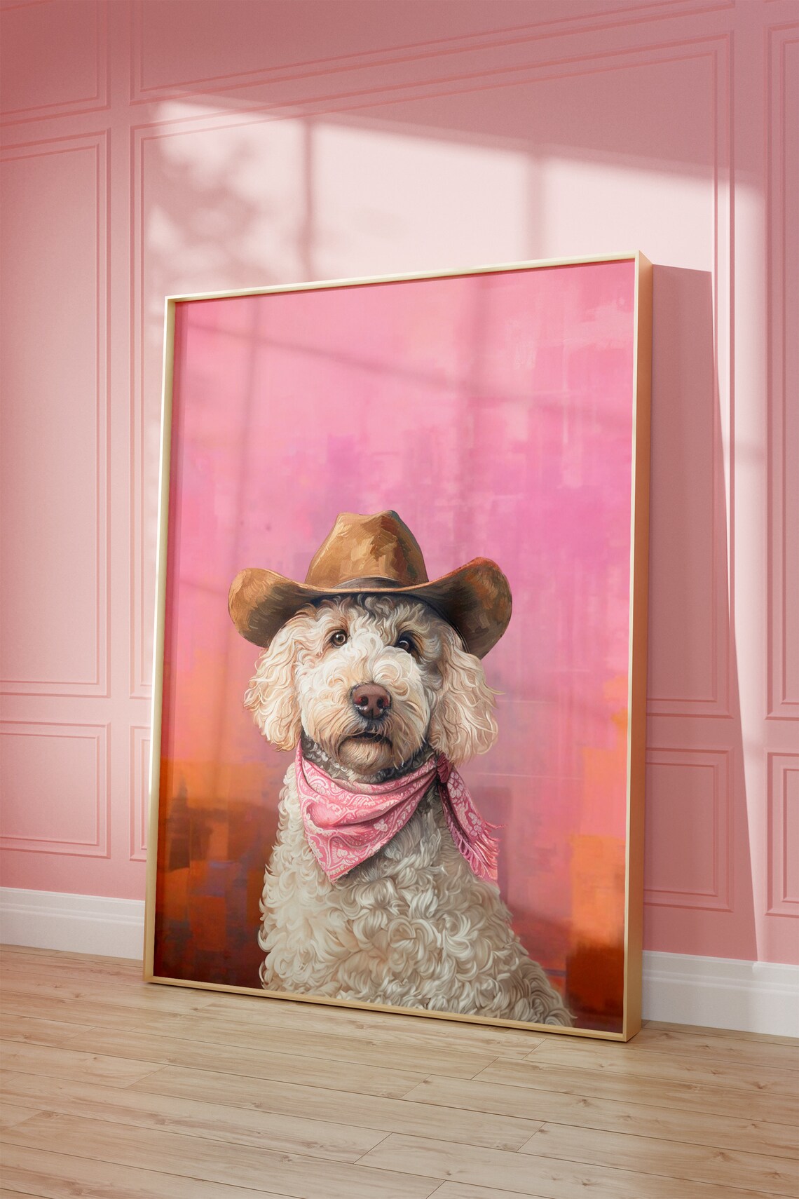Goldendoodle in Cowboy Hat Pink Bandana Western Dog Portrait Poster - Image 2