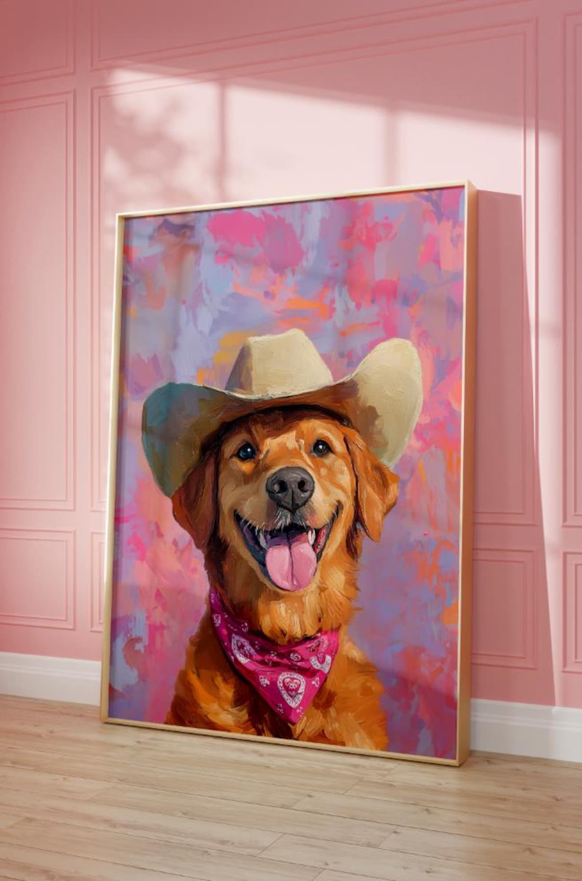 Smiling Golden Retriever in Cowboy Hat Colorful Western Dog Art Poster