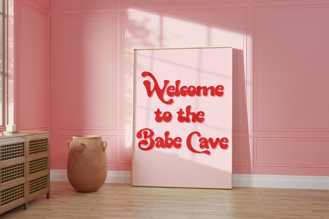 Welcome To The Babe Cave Red Retro Bubble Letter Dorm Wall Poster - Image 2