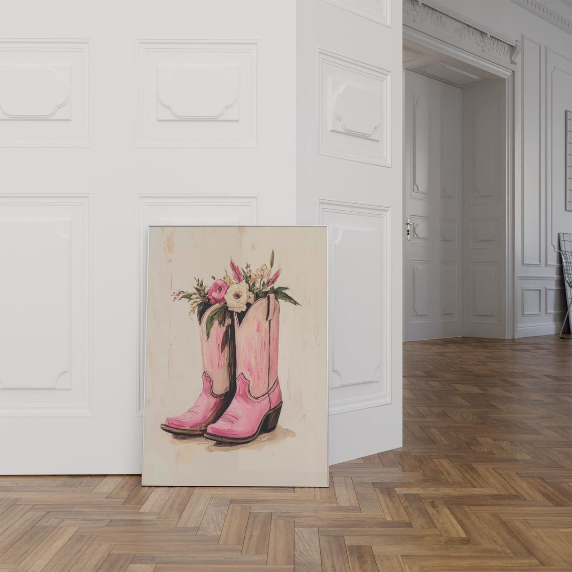 Pretty Floral Cowgirl Boots Neutral Pink Coastal Cowgirl Decor Preppy Aesthetic French Trendy Romantic Preppy Dorm Art - Image 2