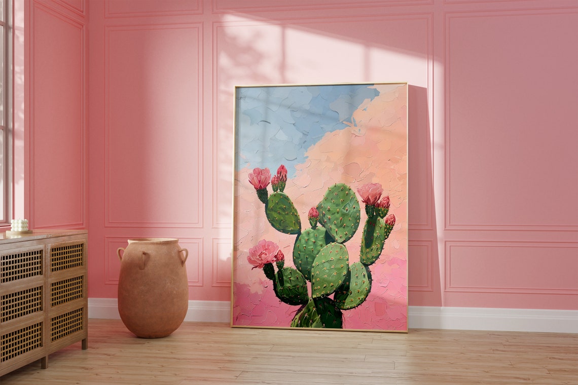 Prickly Pear Cactus With Pink Blooms Textured Sunset Art Poster - Image 2