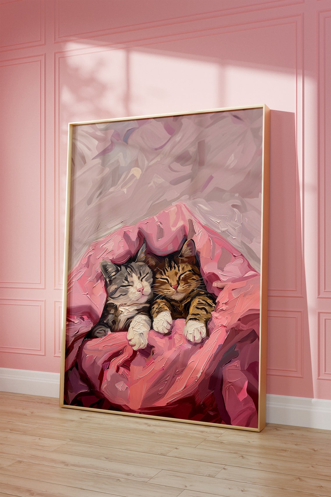 Two Sleeping Kittens on Pink Silk Blanket Cozy Cat Art Poster - Image 2
