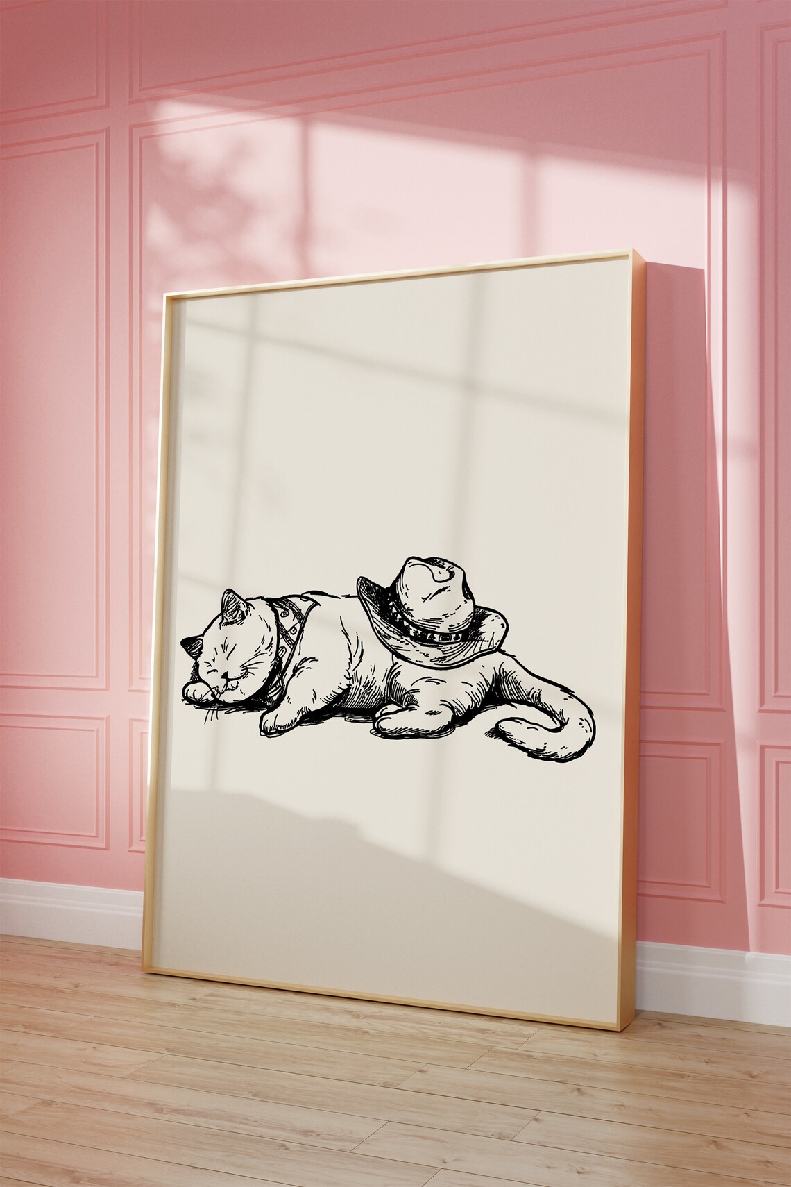 Cat Cowgirl Hat Print Neutral Print Vintage Art Western Girly Preppy Trendy Wall Art Cat Print Cowboy Hat Print Funky Western Art