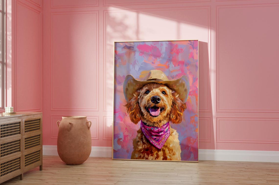 Goldendoodle Dog Cowgirl Hat Print Pink Print Vintage Art Western Girly Preppy Trendy Wall Art Cowgirl Hat Print Funky Western Art - Image 2