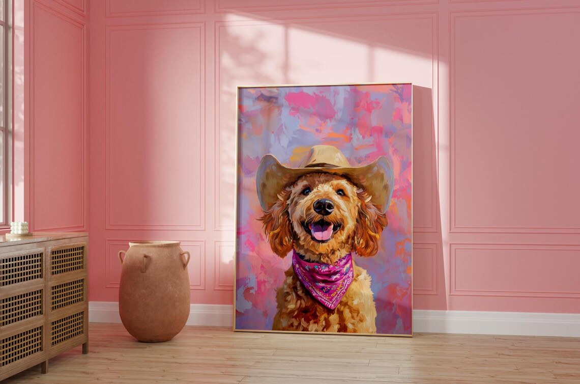 Smiling Goldendoodle in Cowboy Hat Colorful Western Dog Art Poster - Image 2