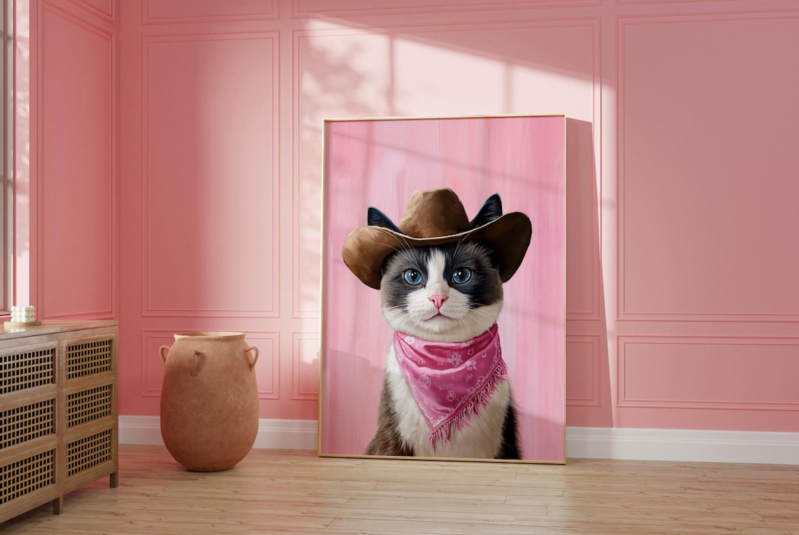 Blue Eyed Cowboy Cat in Hat With Pink Bandana Portrait Poster - Image 2
