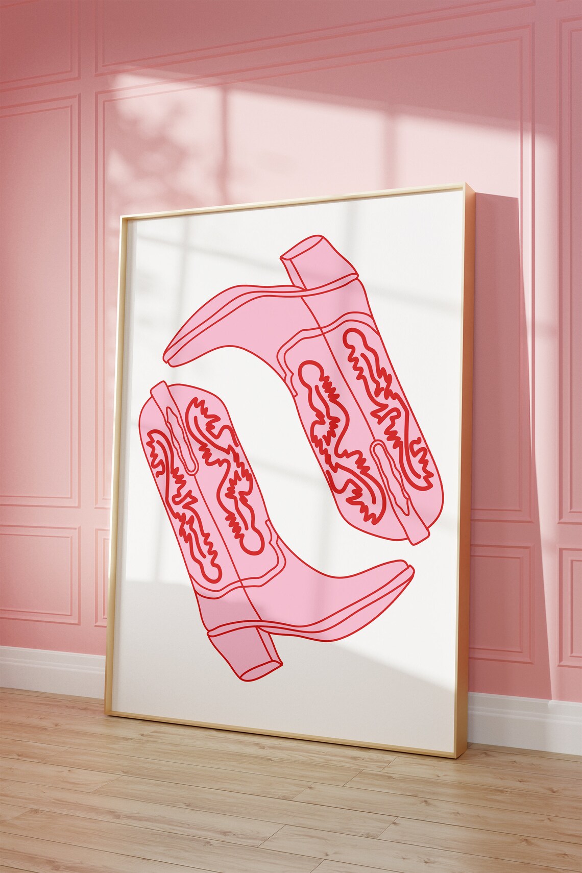 Pink Cowgirl Boots Line Art Red Outline Minimalist Western Wall Poster