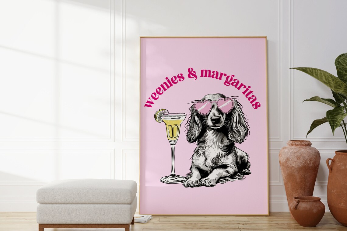 Pink Dachshund Print Funky Poster Preppy Art Dachshund Dog Bar Cart Margarita Decor Dog Print Weiner Dog Print - Image 2