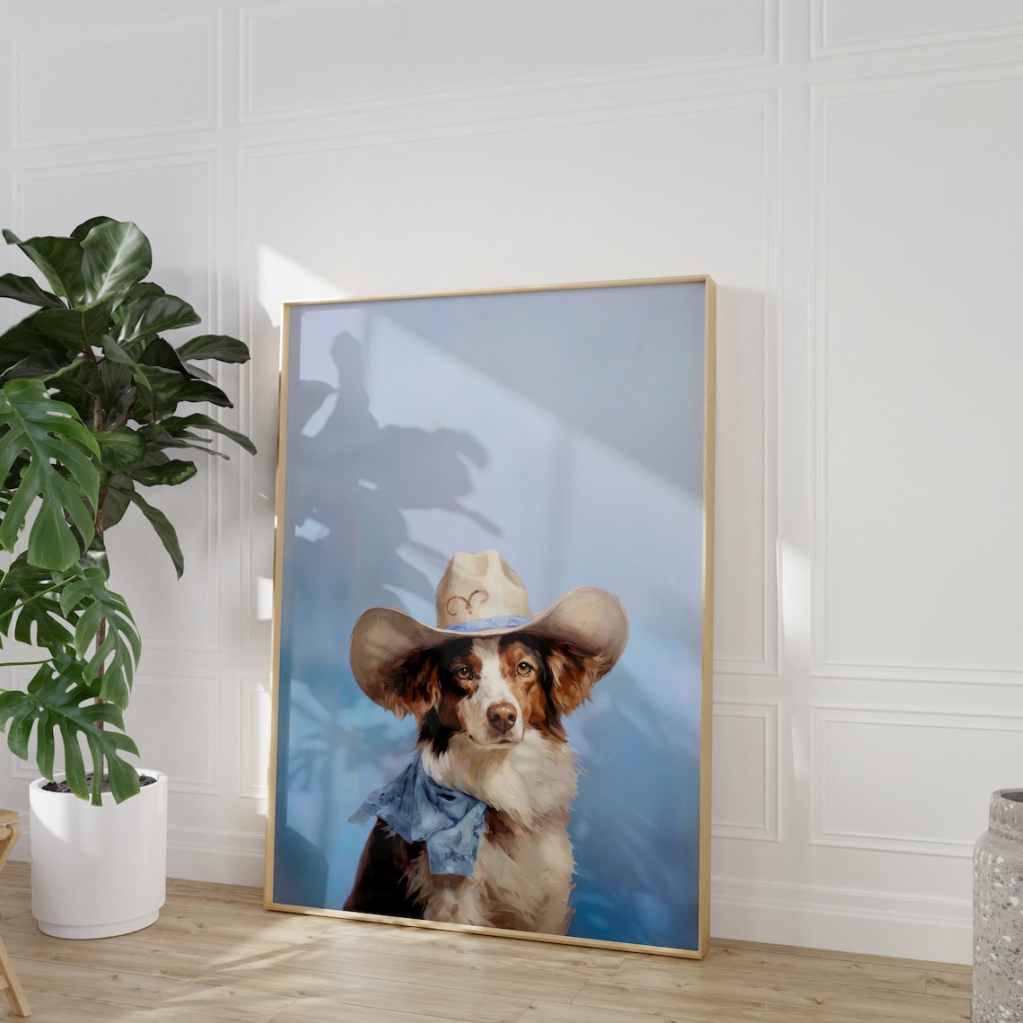 Tricolor Dog in Cream Cowgirl Hat Blue Western Art Portrait Poster