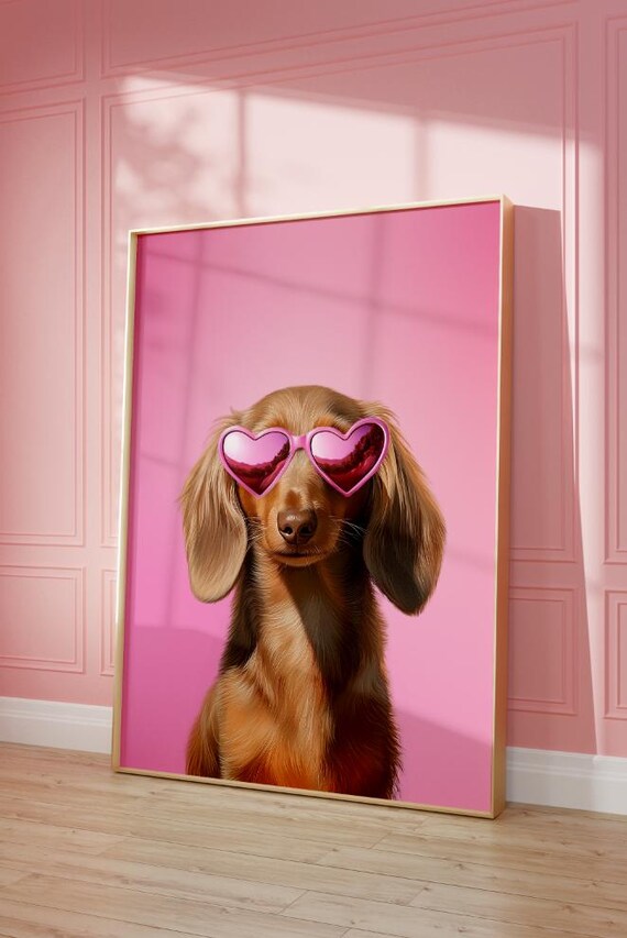Long Haired Dachshund in Heart Sunglasses Pink Preppy Dog Poster