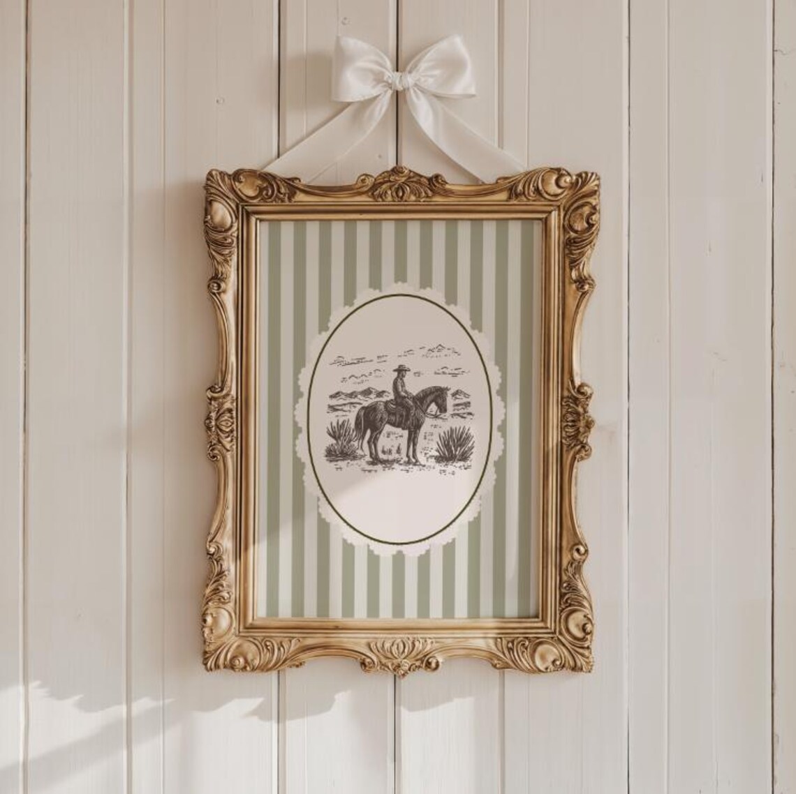 Vintage Cowboy On Horse Western Cameo Ornate Gold Frame Poster