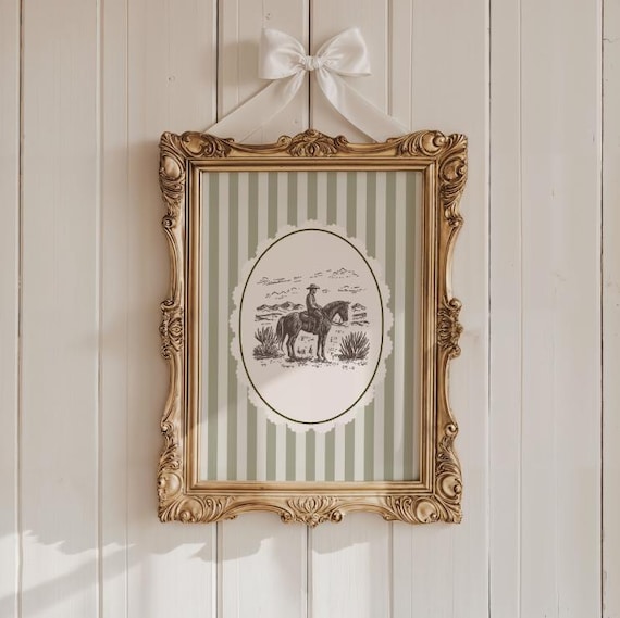 Vintage Cowboy On Horse Western Cameo Ornate Gold Frame Poster