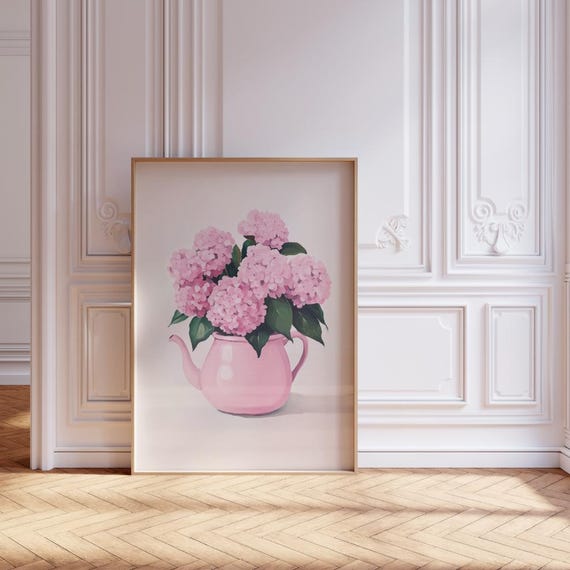 Pink Hydrangeas In Teapot Art Preppy Floral Painting