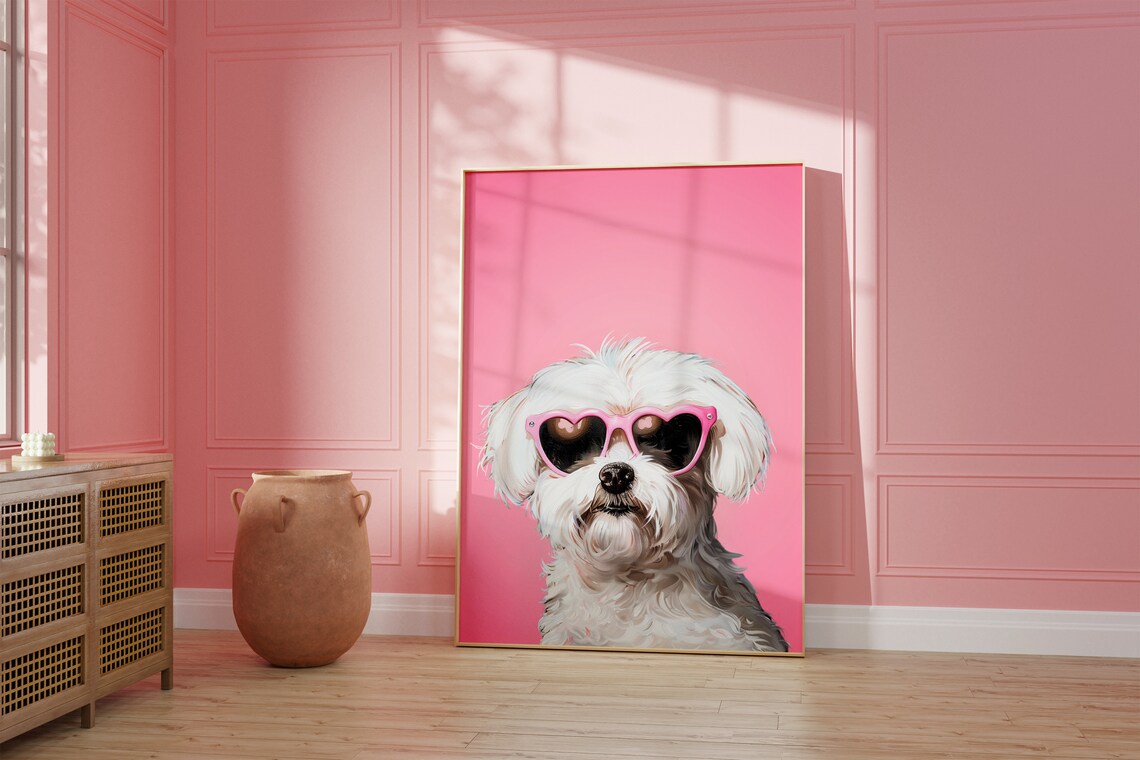 White Maltese Dog Wearing Pink Heart Sunglasses Pop Art Poster