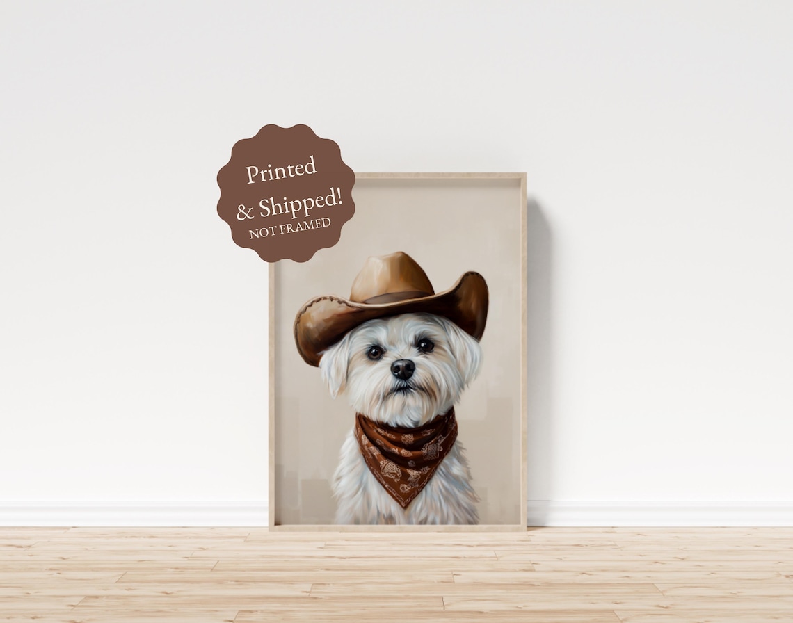 Maltese Dog in Cowboy Hat Bandana Cute Western Puppy Portrait Poster