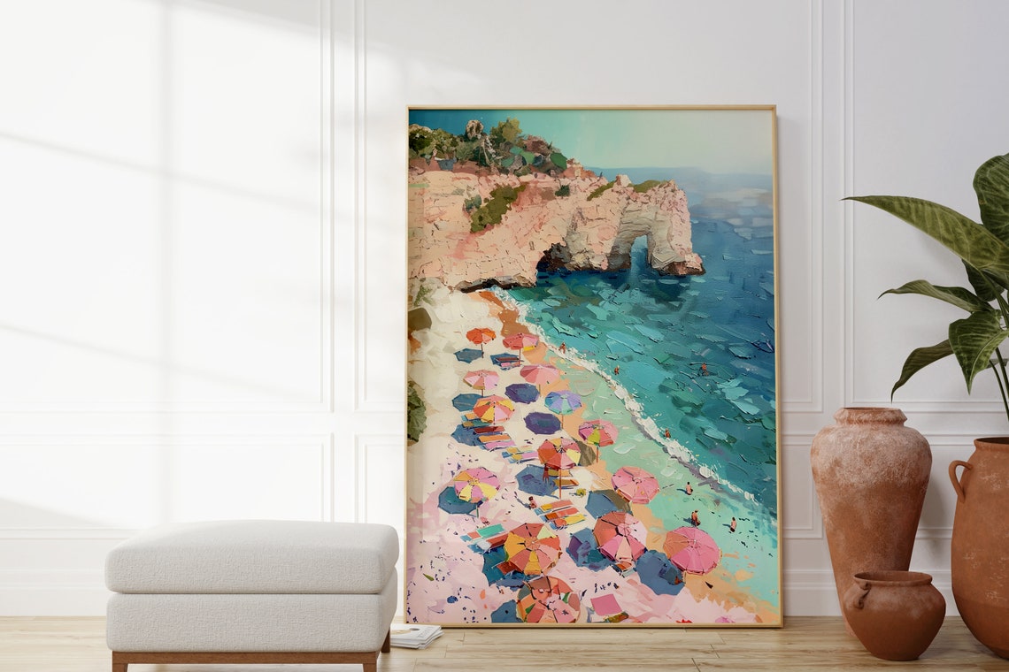 Pastel Beach Umbrellas Rocky Cliff Coastal Painting Beach Poster - Image 2