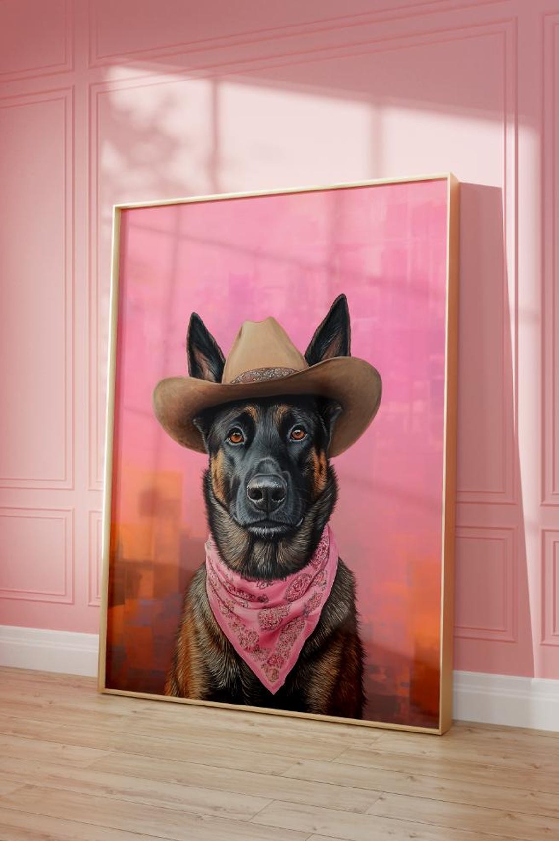 German Shepherd Cowboy Hat Pink Bandana Sunset Portrait Poster