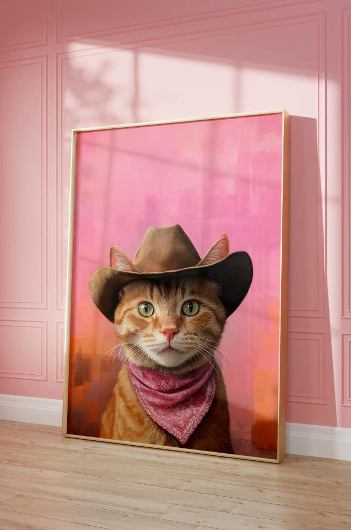 Orange Cat Cowgirl Hat Print Pink Print Vintage Art Western Girly Preppy Trendy Wall Art Tabby Cat Cowgirl Hat Print Funky Western Art - Image 2