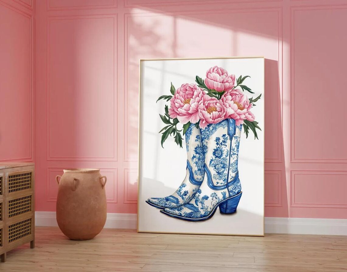 Chinoiserie Blue Porcelain Cowboy Boots with Pink Peonies Poster