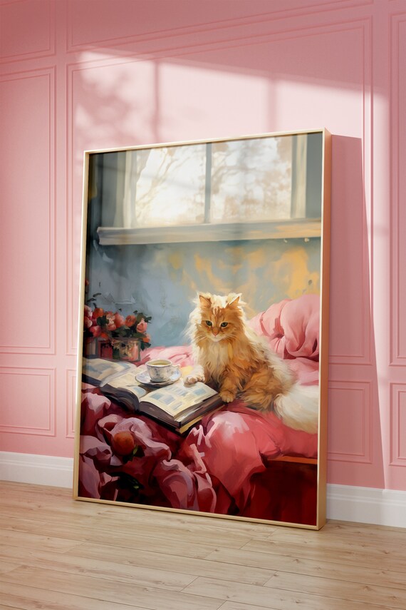 Coquette Print Cute Cat Wall Art Vintage Pink Painting Soft Girl Aesthetic Preppy Poster Girly Coquette Room Decor Balletcore