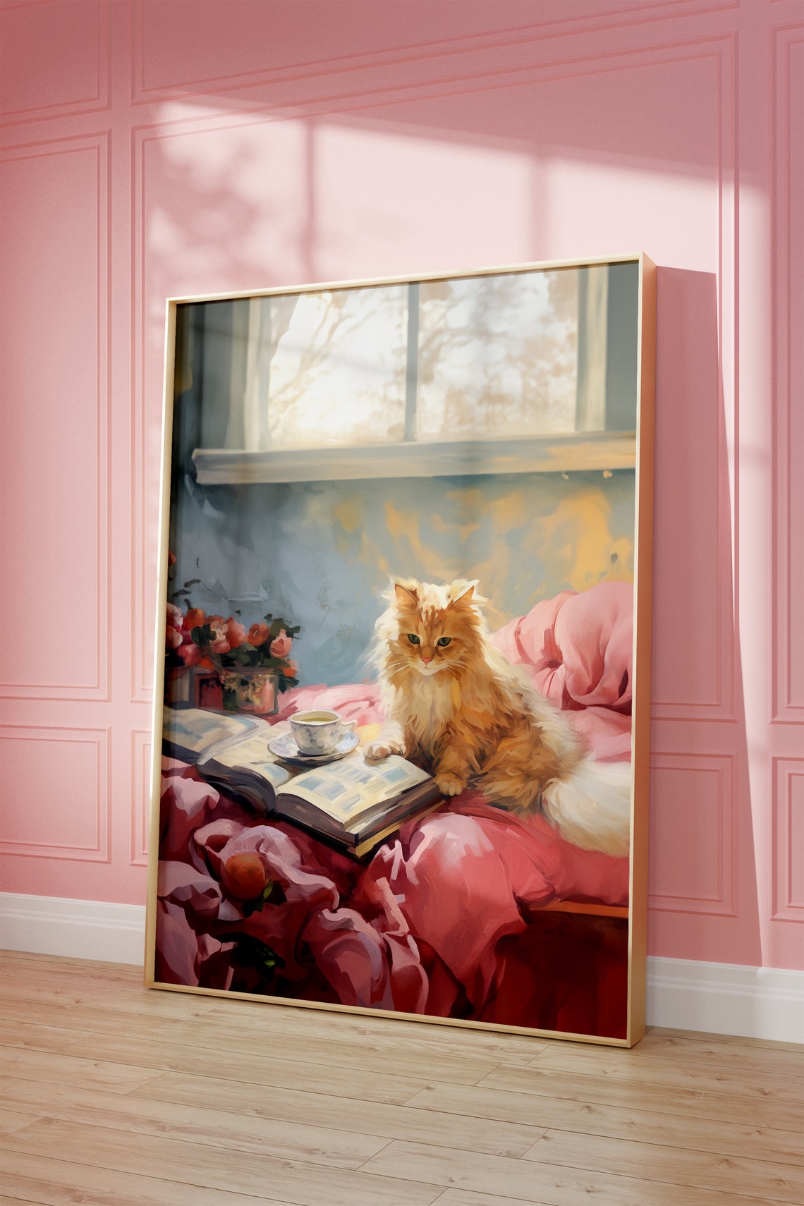 Fluffy Orange Cat With Open Book and Tea by the Window Wall Art