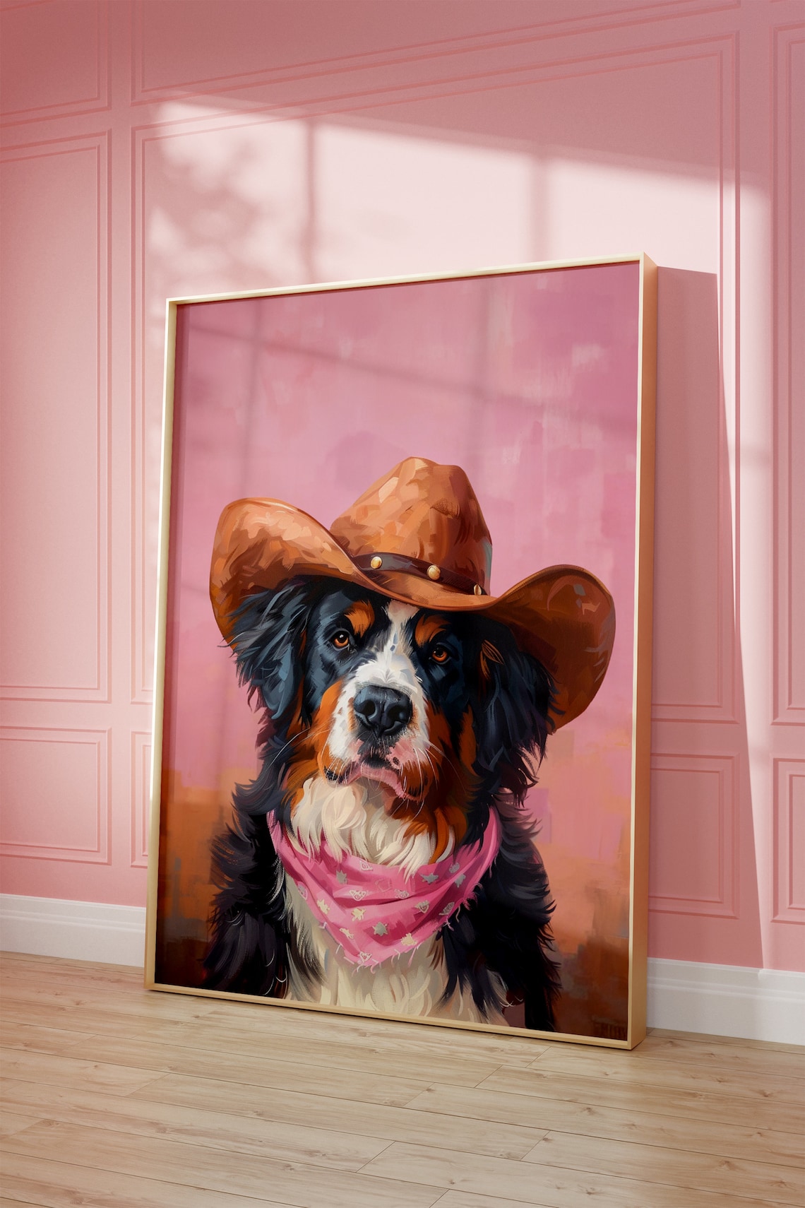 Bernese Mountain Dog in Cowboy Hat Pink Western Pet Art Poster