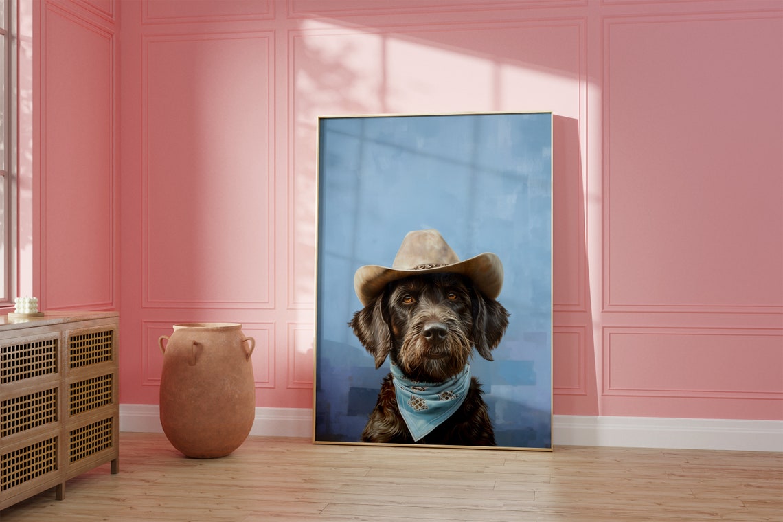 Scruffy Brown Dog Cowboy Hat Portrait with Blue Bandana Poster - Image 2