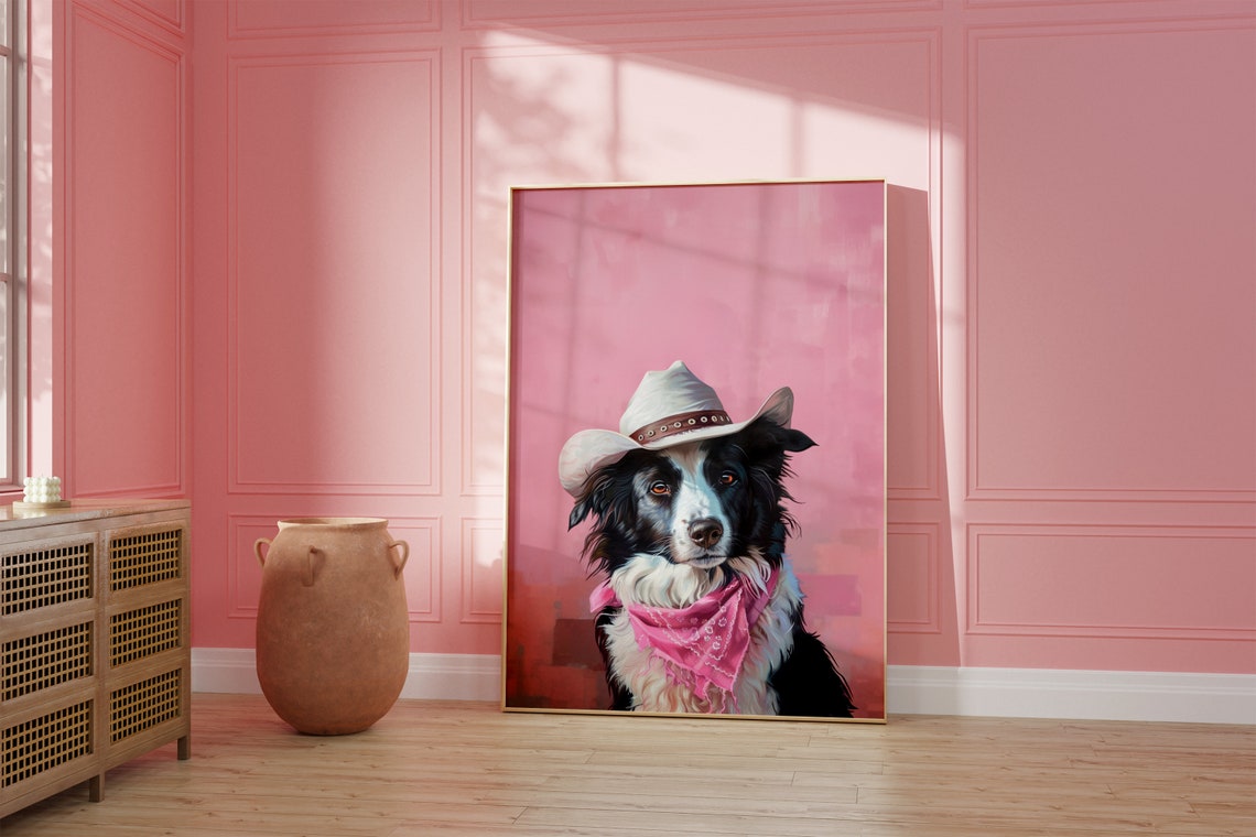 Dog Cowgirl Hat Print Pink Print Vintage Art Western Girly Preppy Trendy Wall Art Puppy Print Cowgirl Hat Print Funky Western Art